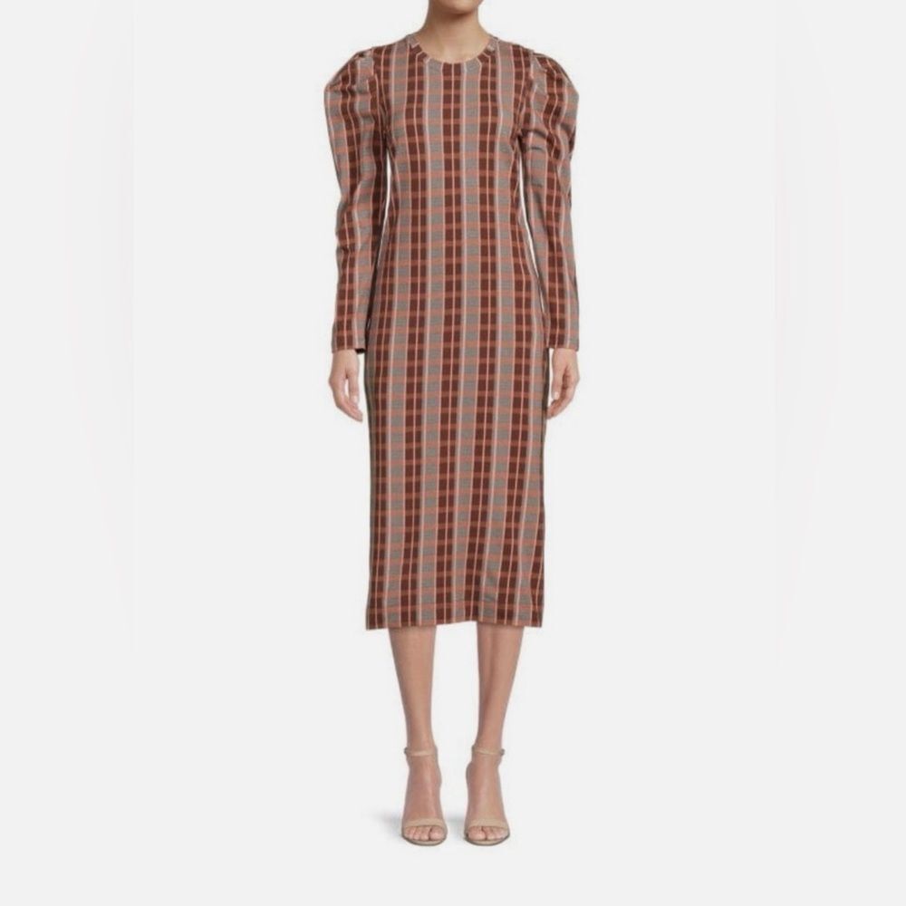 Tanya Taylor Maroon|Peachy Pink|Baby Blue Plaid Puff-Sleeve Midi Dress - Medium